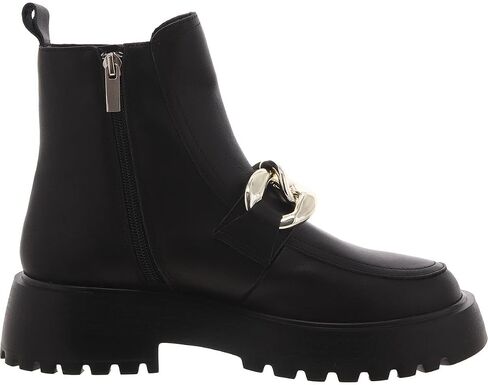 Steve Madden Cleo Black Leather Chunky Lug Sole Curb Chain Round Toe Ankle Boots in Saudi Arabia