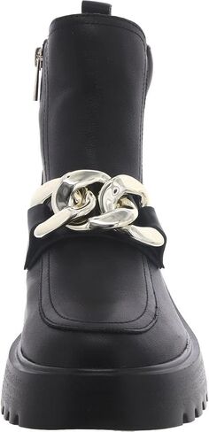 Steve Madden Cleo Black Leather Chunky Lug Sole Curb Chain Round Toe Ankle Boots in Saudi Arabia