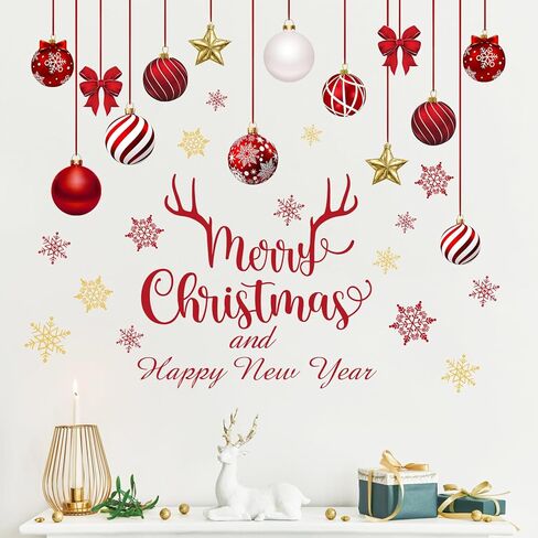 mfault عيد ميلاد سعيد وسنة جديدة سعيدة ملصقات الحائط الشارات، الذهب الأحمر كرات عيد الميلاد ندفة الثلج زينة غرفة النوم الفن، عطلة الشتاء نجمة القوس قرن الوعل ديكور المنزل المطبخ in Kuwait