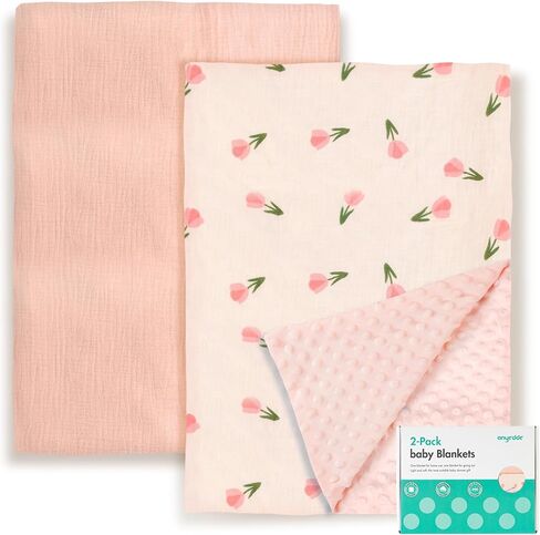2-Pack Baby Blankets with Muslin Cotton and Minky Dots for Toddler Girls - Super Soft Baby Minky Blanket, Pink Floral Printed Blanket for Newborn, Cozy and Lightweight in Saudi Arabia