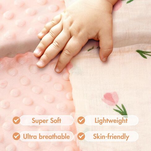 2-Pack Baby Blankets with Muslin Cotton and Minky Dots for Toddler Girls - Super Soft Baby Minky Blanket, Pink Floral Printed Blanket for Newborn, Cozy and Lightweight in Saudi Arabia