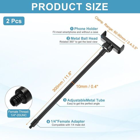 PATIKIL 2Pcs 11.8" Flexible Adjustable Gooseneck with Phone Clip, 1/4" Male Threaded Gooseneck Arm for Most Holder Threaded Adapter, Black in Saudi Arabia