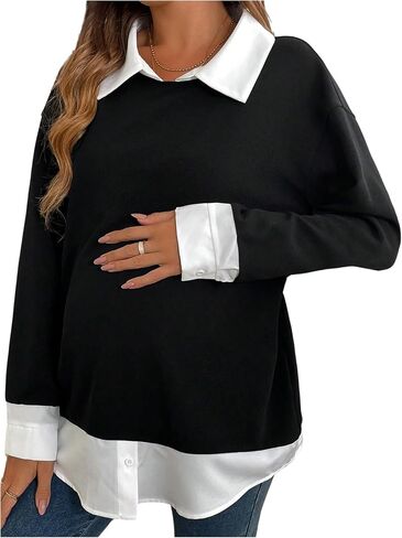 MakeMeChic Women's Fall Maternity Sweatshirt Long Sleeve Collared 2 in 1 Pregnancy Pullovers Tops in Saudi Arabia
