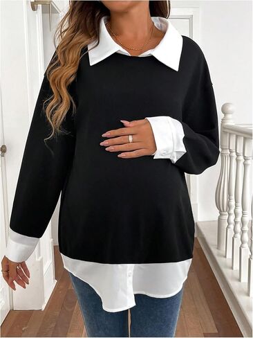 MakeMeChic Women's Fall Maternity Sweatshirt Long Sleeve Collared 2 in 1 Pregnancy Pullovers Tops in Saudi Arabia