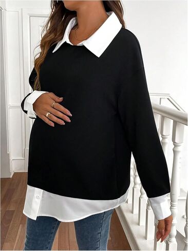 MakeMeChic Women's Fall Maternity Sweatshirt Long Sleeve Collared 2 in 1 Pregnancy Pullovers Tops in Saudi Arabia