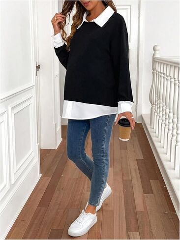 MakeMeChic Women's Fall Maternity Sweatshirt Long Sleeve Collared 2 in 1 Pregnancy Pullovers Tops in Saudi Arabia