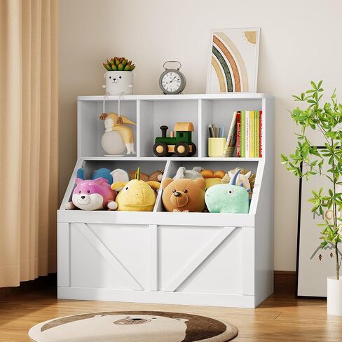 Kids Bookshelf and Toy Storage, Toy Storage Organizer, Toy Organizer with Storage Cabinet and Toy Shelf, Toddler Book Shelf for Kids Rooms, Playroom, Bedroom, Nursery, Daycare, Living Room, White in Kuwait