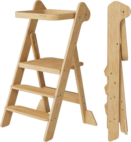 مساعد مقعد المطبخ للأطفال الصغار القابل للطي من COSYLAND - برج واقف للأطفال بارتفاع قابل للتعديل مع شبكة وأقدام آمنة، برج خطوات التعلم الخشبي الحائز على جائزة للأطفال الذين تتراوح أعمارهم بين 18 شهرًا و6 سنوات، طبيعي in Kuwait