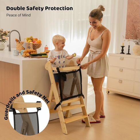 مساعد مقعد المطبخ للأطفال الصغار القابل للطي من COSYLAND - برج واقف للأطفال بارتفاع قابل للتعديل مع شبكة وأقدام آمنة، برج خطوات التعلم الخشبي الحائز على جائزة للأطفال الذين تتراوح أعمارهم بين 18 شهرًا و6 سنوات، طبيعي in Kuwait