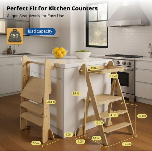 مساعد مقعد المطبخ للأطفال الصغار القابل للطي من COSYLAND - برج واقف للأطفال بارتفاع قابل للتعديل مع شبكة وأقدام آمنة، برج خطوات التعلم الخشبي الحائز على جائزة للأطفال الذين تتراوح أعمارهم بين 18 شهرًا و6 سنوات، طبيعي in Kuwait