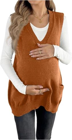 OYOANGLE Women's Maternity V Neck Sweater Vest Pregnancy Sleeveless Pullover Knitted Tank Top in Saudi Arabia