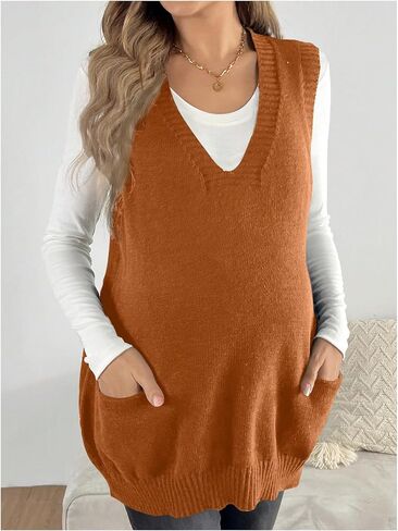 OYOANGLE Women's Maternity V Neck Sweater Vest Pregnancy Sleeveless Pullover Knitted Tank Top in Saudi Arabia