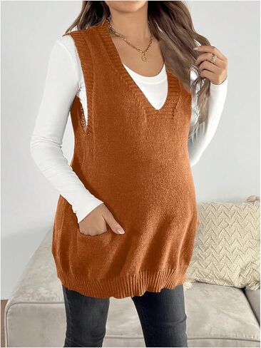OYOANGLE Women's Maternity V Neck Sweater Vest Pregnancy Sleeveless Pullover Knitted Tank Top in Saudi Arabia