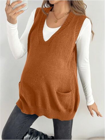 OYOANGLE Women's Maternity V Neck Sweater Vest Pregnancy Sleeveless Pullover Knitted Tank Top in Saudi Arabia