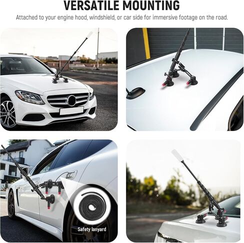 NEEWER Triple Suction Cup Car Mount Kit, Carbon Fiber Camera Mount with Action Camera Adapter, NATO Rail & 24"/60cm Extension Pole Compatible with GoPro Insta360, 2.2lb/1kg Max Load, CA136 in Saudi Arabia