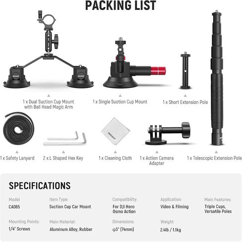 NEEWER Triple Suction Cup Car Mount Kit, Carbon Fiber Camera Mount with Action Camera Adapter, NATO Rail & 24"/60cm Extension Pole Compatible with GoPro Insta360, 2.2lb/1kg Max Load, CA136 in Saudi Arabia