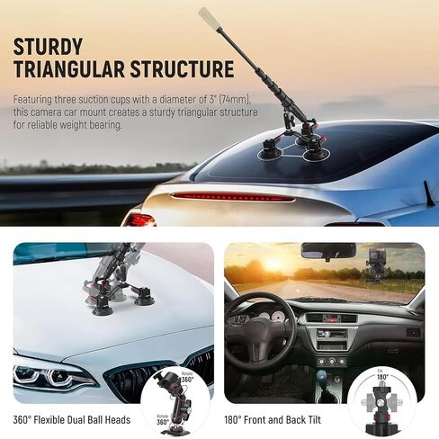 NEEWER Triple Suction Cup Car Mount Compatible with Insta360 X5 X4 GoPro DJI OSMO 360 Cameras, Quick Release Outside Windshield Magic Arm Mount Kit with 2 in 1 Extension Pole/Selfie Stick, CA065 in Saudi Arabia