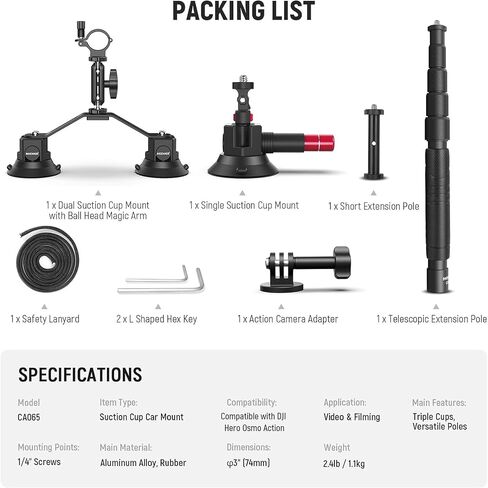 NEEWER Triple Suction Cup Car Mount Compatible with Insta360 X5 X4 GoPro DJI OSMO 360 Cameras, Quick Release Outside Windshield Magic Arm Mount Kit with 2 in 1 Extension Pole/Selfie Stick, CA065 in Saudi Arabia