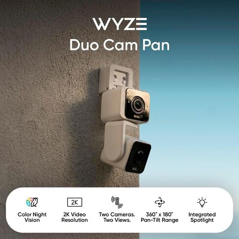 كاميرا WYZE Duo Cam Pan داخلية/خارجية IP65 2K 360 درجة عموم/إمالة كاميرا أمان منزلية ذكية مع رؤية ليلية ملونة، متوافقة مع Alexa & Google Assistant، أبيض (متجدد) in Kuwait