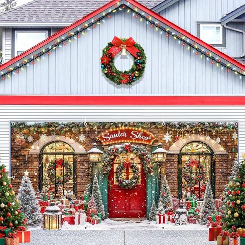 Christmas Garage Door Cover Decorations 7x16ft Winter Santa's Shop Merry Xmas Holiday Party Backdrop Banner Large Toy Store Photography Background Decorative Murals Outdoor Decor in Saudi Arabia