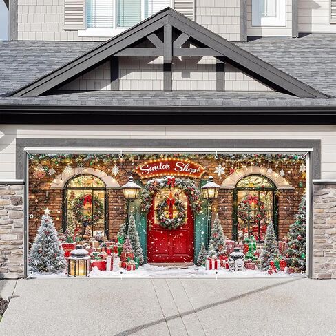 Christmas Garage Door Cover Decorations 7x16ft Winter Santa's Shop Merry Xmas Holiday Party Backdrop Banner Large Toy Store Photography Background Decorative Murals Outdoor Decor in Saudi Arabia