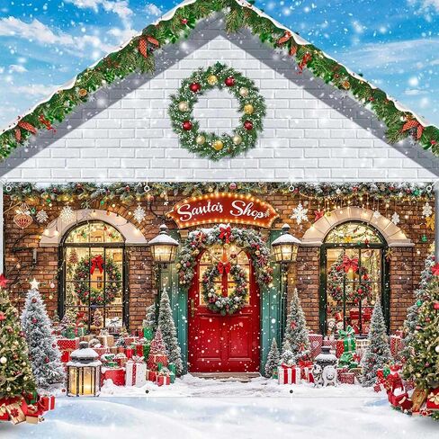 Christmas Garage Door Cover Decorations 7x16ft Winter Santa's Shop Merry Xmas Holiday Party Backdrop Banner Large Toy Store Photography Background Decorative Murals Outdoor Decor in Saudi Arabia