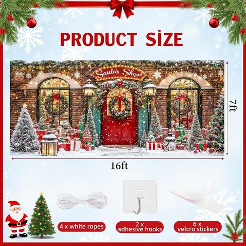 Christmas Garage Door Cover Decorations 7x16ft Winter Santa's Shop Merry Xmas Holiday Party Backdrop Banner Large Toy Store Photography Background Decorative Murals Outdoor Decor in Saudi Arabia