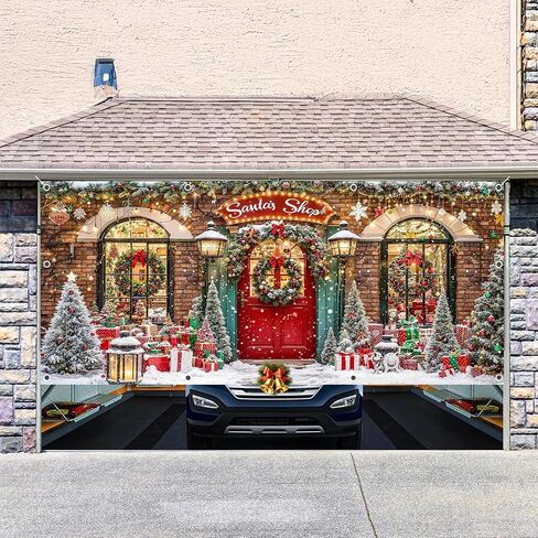 Christmas Garage Door Cover Decorations 7x16ft Winter Santa's Shop Merry Xmas Holiday Party Backdrop Banner Large Toy Store Photography Background Decorative Murals Outdoor Decor in Saudi Arabia