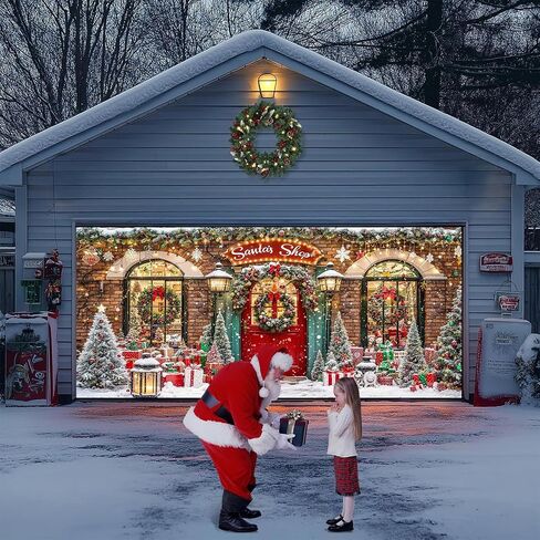 Christmas Garage Door Cover Decorations 7x16ft Winter Santa's Shop Merry Xmas Holiday Party Backdrop Banner Large Toy Store Photography Background Decorative Murals Outdoor Decor in Saudi Arabia