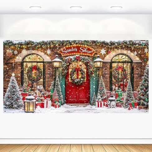 Christmas Garage Door Cover Decorations 7x16ft Winter Santa's Shop Merry Xmas Holiday Party Backdrop Banner Large Toy Store Photography Background Decorative Murals Outdoor Decor in Saudi Arabia