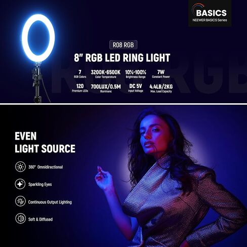 NEEWER Basics 8" RGB LED Ring Light with Tripod Stand, 7 Modes/3200-6500K/10 Dimming Levels, Phone Holder Selfie Ringlight Lighting for iPhone TikTok Vlog Makeup Video Recording Streaming, R08 in Saudi Arabia