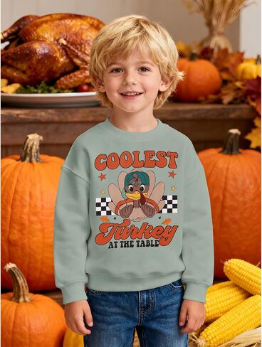 BOUTIKOME Thanksgiving Sweatshirts Toddler Baby Boys Coolest Turkey At The Table Shirts Outfits Fall Pullover Thankful Tops in Saudi Arabia