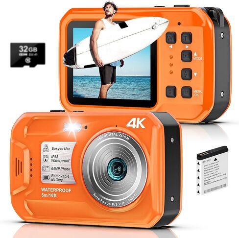 كاميرا 4K تحت الماء، كاميرا رقمية مقاومة للماء بدقة 64 ميجابكسل 16 قدم مع بطاقة 32 جيجابايت، كاميرا مقاومة للماء قابلة للطفو مع التركيز التلقائي مع شاشة IPS HD، تكبير رقمي 16X، ملء الضوء، للغطس وركوب الأمواج والسباحة in Kuwait