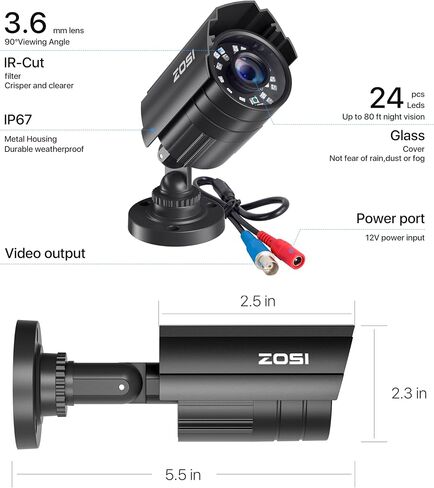 ZOSI 1080P HD TVI Security Camera 2-Pack, Black & White Bullet Cameras for Home Office Surveillance | 1920TVL Hybrid 4-in-1 TVI/CVI/AHD/CVBS, 80ft Night Vision. in Saudi Arabia