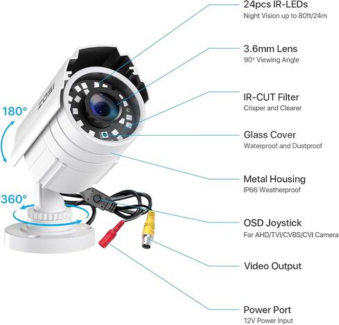 ZOSI 1080P HD TVI Security Camera 2-Pack, Black & White Bullet Cameras for Home Office Surveillance | 1920TVL Hybrid 4-in-1 TVI/CVI/AHD/CVBS, 80ft Night Vision. in Saudi Arabia