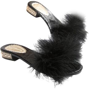 Women's Faux Fur Fuzzy Heeled Sandals Open Toe Slip On Single Band Dressy Heels in Saudi Arabia