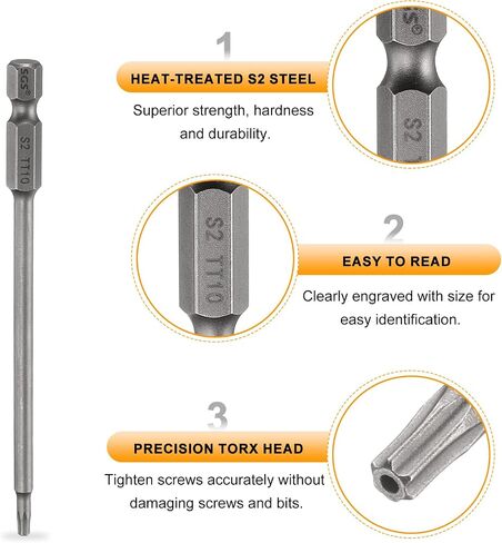 HARFINGTON 3pcs TT10 Security Torx Head Screwdriver Bit 4.33" (110mm) Long 1/4" Hex Shank Magnetic Tamper Proof 6 Point Star Screw Driver Drill Bits S2 Steel Hole Tip Industrial Power Tools in Saudi Arabia