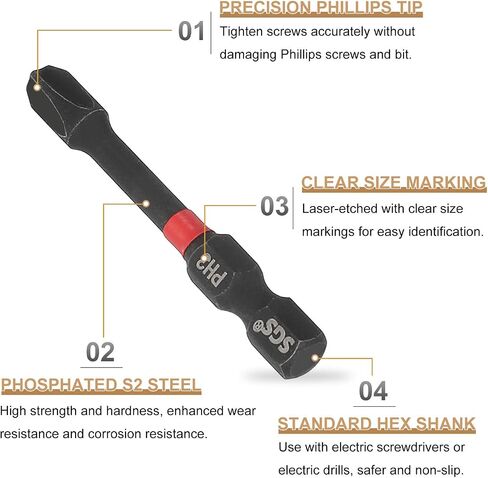 HARFINGTON #3 Phillips Impact Screwdriver Bit PH3 1/4" Hex Shank 2" (50mm) Long Magnetic Cross Head Drill Bits S2 Steel Industrial Screw Driver for Impact Power Drivers, Black/Red in Saudi Arabia