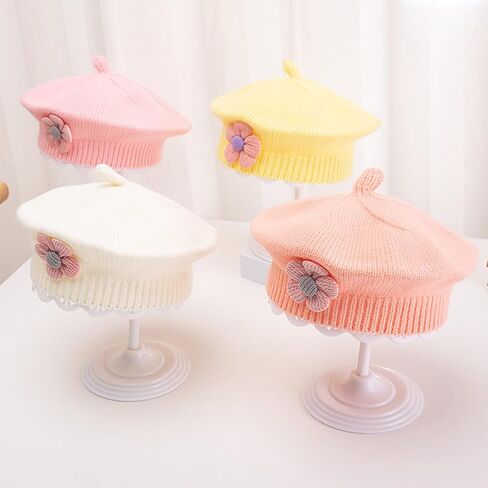Baby Girl Winter Hat Beret Hats French Style Knitted Beanie Cap with 3D Cute Flower for 0-4Year in Saudi Arabia