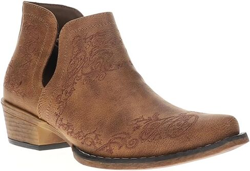 ROPER Womens Ava Scroll Embroidered Snip Toe Casual Boots Ankle Low Heel 1-2" - Brown in Saudi Arabia