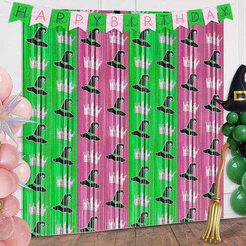 2 Pack Witch Foil Fringe Curtains Birthday Decorations, 3.2x6.6ft Green and Pink Tinsel Door Streamers Backdrop Halloween Witch Themed Birthday Party Decor Supplies Favors for Girls in Saudi Arabia
