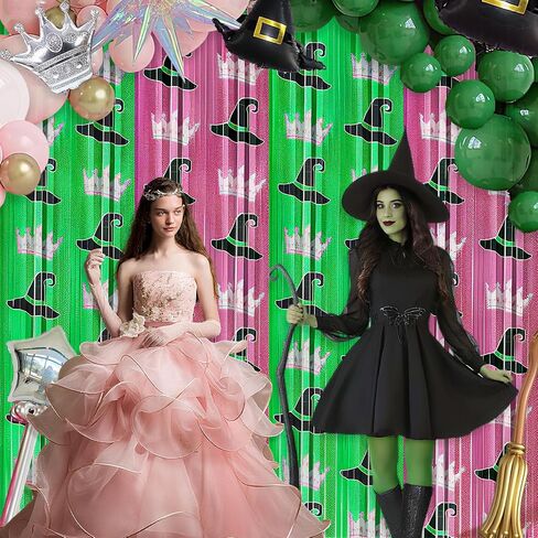 2 Pack Witch Foil Fringe Curtains Birthday Decorations, 3.2x6.6ft Green and Pink Tinsel Door Streamers Backdrop Halloween Witch Themed Birthday Party Decor Supplies Favors for Girls in Saudi Arabia