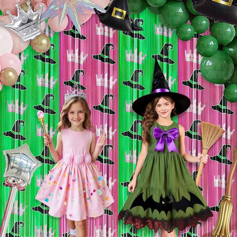2 Pack Witch Foil Fringe Curtains Birthday Decorations, 3.2x6.6ft Green and Pink Tinsel Door Streamers Backdrop Halloween Witch Themed Birthday Party Decor Supplies Favors for Girls in Saudi Arabia