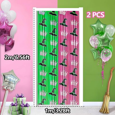 2 Pack Witch Foil Fringe Curtains Birthday Decorations, 3.2x6.6ft Green and Pink Tinsel Door Streamers Backdrop Halloween Witch Themed Birthday Party Decor Supplies Favors for Girls in Saudi Arabia