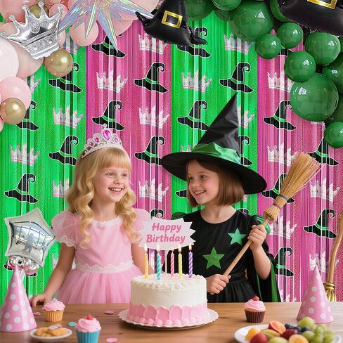 2 Pack Witch Foil Fringe Curtains Birthday Decorations, 3.2x6.6ft Green and Pink Tinsel Door Streamers Backdrop Halloween Witch Themed Birthday Party Decor Supplies Favors for Girls in Saudi Arabia