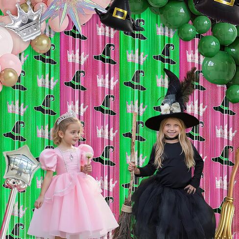 2 Pack Witch Foil Fringe Curtains Birthday Decorations, 3.2x6.6ft Green and Pink Tinsel Door Streamers Backdrop Halloween Witch Themed Birthday Party Decor Supplies Favors for Girls in Saudi Arabia
