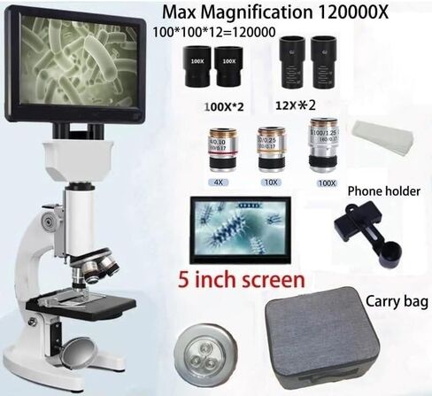Digital Biological Microscope with 9" IPS Screen, 400X-120000X Magnification, 4X-100X Objectives, Educational Lab Tool – Light Grey in Saudi Arabia