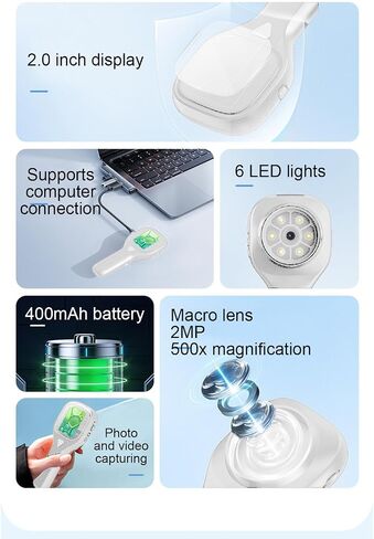 EBTOOLS 500X مجهر رقمي محمول، كاميرا 2 ميجابكسل، شاشة 2.0 بوصة واسعة الألوان، مصابيح LED قابلة للتعديل، عدسة مكبرة رقمية محمولة، نقل الكمبيوتر في الوقت الحقيقي، تسجيل عالي الدقة (أبيض) in Saudi Arabia