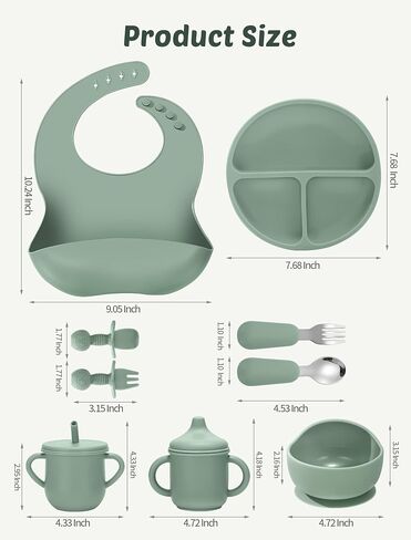 Silicone Baby Feeding Set, 18PCS Baby Led Weaning Supplies, Eating Essentials Utensils with Suction Plate and Bowl, Adjustable Silicone Bib, for 6+ Months (Pink+Green) in Saudi Arabia
