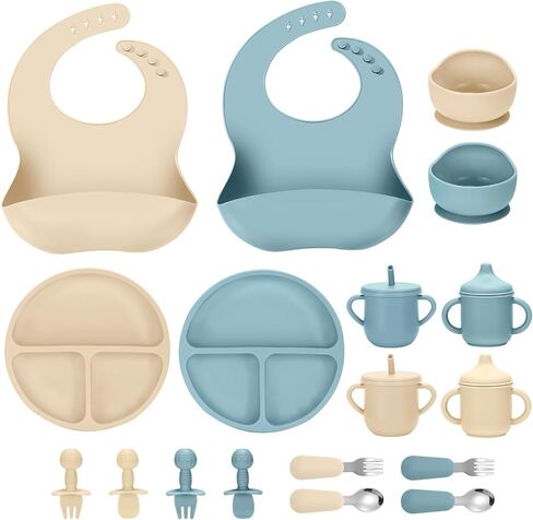 Silicone Baby Feeding Set, 18PCS Baby Led Weaning Supplies, Eating Essentials Utensils with Suction Plate and Bowl, Adjustable Silicone Bib, for 6+ Months (Pink+Green) in Saudi Arabia